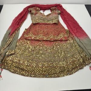 Red Green Ombre Sequin Embellished 3PC Lehenga Choli Set Wedding Party Wear